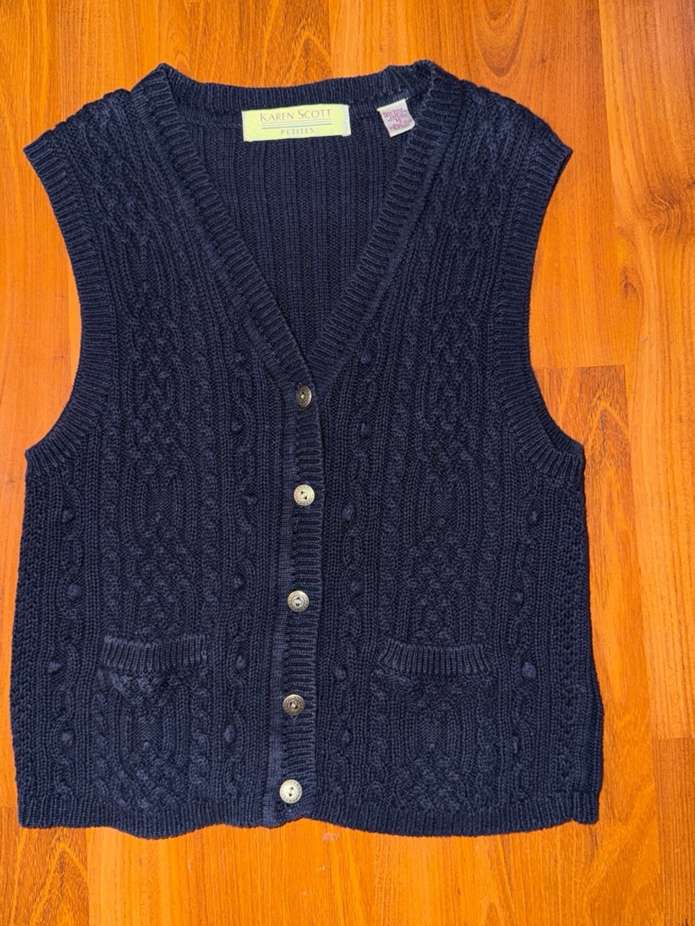Karen Scott Navy Cable-Knit Button Front Sweater Vest